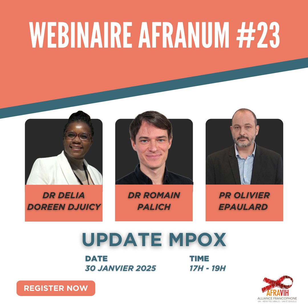 Les inscriptions au webinaire AFRANUM #23 sont ouvertes !

Thème : Update Mpox avec Dr Delia Doreen Djuicy, Dr Romain Palich et Pr Olivier Epaulard

Date : 30 janvier 2025
Heure : 17h à 19h (heure de Paris)
Inscription via ce lien : us06web.zoom.us/.../reg.../WN_…