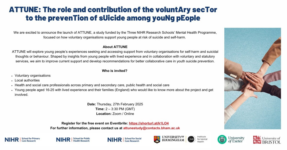 NIHR School for Primary Care Research (@nihrspcr) on Twitter photo 📢 ATTUNE explores young people's experiences with voluntary sector support for self-harm/suicidal thoughts, aiming to improve youth suicide prevention.
📅 Launch: 27 Feb, 2–3:30 PM
🔗 Register: shorturl.at/k1LO4
<a href="/mariamichail2/">Dr Maria Michail 💙</a>
<a href="/willemjstander/">Dr Willem Stander</a>
<a href="/Ashmore2009/">Claire Ashmore</a>
<a href="/GeorginaSPCR/">Dr Georgina Fletcher</a> 📢 ATTUNE explores young people's experiences with voluntary sector support for self-harm/suicidal thoughts, aiming to improve youth suicide prevention.
📅 Launch: 27 Feb, 2–3:30 PM
🔗 Register: shorturl.at/k1LO4
<a href="/mariamichail2/">Dr Maria Michail 💙</a>
<a href="/willemjstander/">Dr Willem Stander</a>
<a href="/Ashmore2009/">Claire Ashmore</a>
<a href="/GeorginaSPCR/">Dr Georgina Fletcher</a>