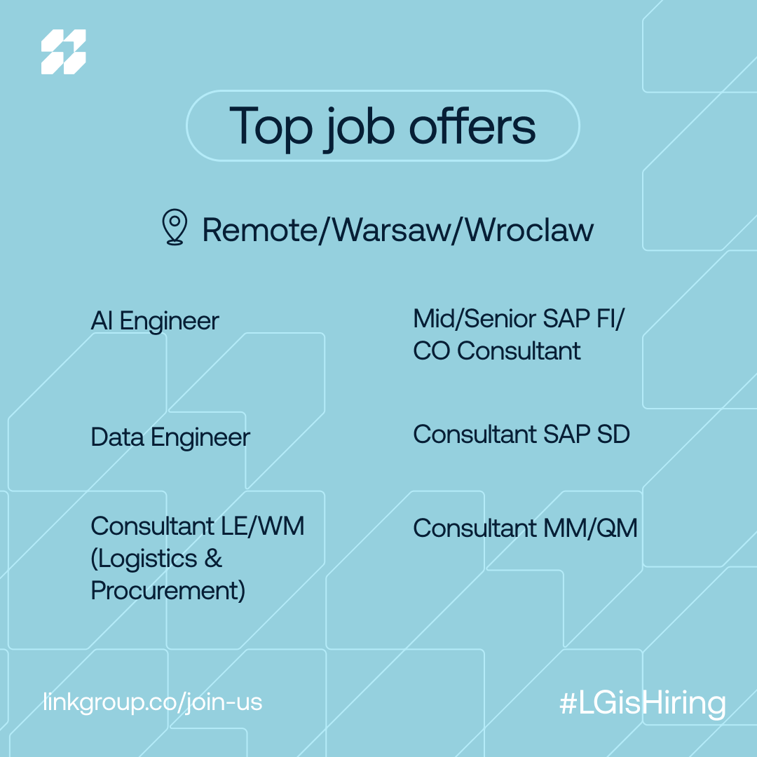 LinkGroup_co's tweet photo. Warszawa, Wroclaw! We’re searching for IT experts open to new challenges! Are you #opentowork remote? Our job offers aren’t limited to just office roles! Check them out! Whether you’re an AI expert, SAP consultant, or data engineer, we’ve got you covered! 👇

AI Engineer
📍 Remote
💰 20,000 – 26,000 PLN (net B2B)
🔗 https://t.co/a2uXGfugOM

Mid/Senior SAP FI/CO Consultant
📍 Wroclaw
💰 15,000 – 27,000 PLN (gross, UoP)
🔗 https://t.co/ZMcWJDOwxV

Data Engineer
📍 Warsaw
💰 26,000 – 34,000 PLN (net B2B)
🔗 https://t.co/gLgXrCFyrj

Consultant SAP SD
📍 Wroclaw
💰 15,000 – 25,000 PLN (gross, UoP)
🔗 https://t.co/d6X1gbv7Rj

Consultant LE/WM (Logistics & Procurement)
📍 Wroclaw
💰 25,000 – 32,000 PLN (gross, UoP)
🔗 https://t.co/rzeXaSEMy1

Consultant MM/QM
📍 Wroclaw
💰 26,000 – 32,000 PLN (gross, UoP)
🔗 https://t.co/xxQr3MhUFH

Still searching for your perfect job match? Let us help! Submit your CV here:

🔗 https://t.co/lKiTAueNuE

We work with hundreds of top companies, giving you access to a wide range of exciting career opportunities. Your next perfect role could be just one step away! 🧑‍💻👩‍💻

___
#LGisHiring #hiring #openroles #joboffers #SAP #AI #Data #warszawa #wroclaw