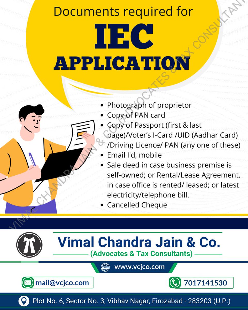 vcj_co's tweet image. Documents required for IEC application!
#IEC #ImportExportCode #import #export #dgft #icegate #custom #vcjco #firozabad #agra #shikohabad #itr #incometaxreturn #refund #gst #gstr #gstregistration #tax #taxation #gstin #incometax #law #legal #lawfirm