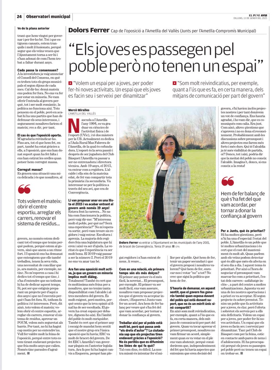 📰 PREMSA | Entrevista a Dolors Ferrer (<a href="/DolorsFerrerOrr/">Dolors Ferrer Orri 🎗</a>), cap de l’oposició a l’Ametlla del Vallès, a <a href="/elpuntavui/">El Punt Avui 🎗️</a>: “Els joves es passegen pel poble però no tenen un espai.”

🗣️ “Volem un espai per a joves, per poder fer-hi noves activitats. Un espai que els joves es facin seu i