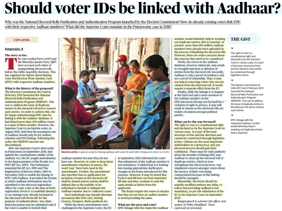 imRavikantYadav's tweet photo. 'Should voter IDs be linked with Aadhaar?'
:An Insightful article by Sh Rangarajan R Sir
@rangarajan_ias
Linking of #votercard wit #Aadhaar ,History of proposal, PROs & CONs,Court's judgements, issues-way forward &
More
#ElectionCommissionOfIndia
#NERPAP #RightToVote
#UPSC https://t.co/4fPweVL8Y6