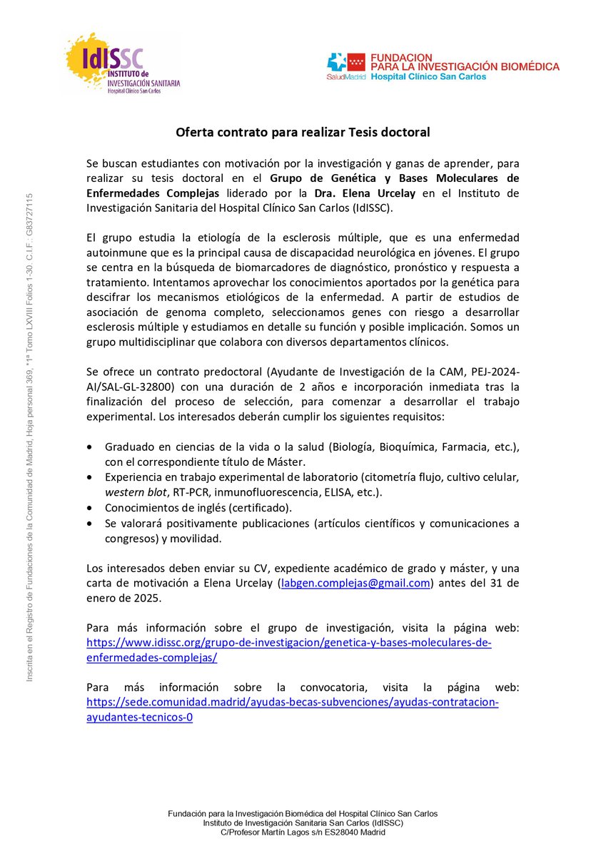 Labgencomplejas's tweet image. Buscamos un/a candidat@ predoc para un contrato de 2años de Ayudante de Investigación CAM que quiera unirse a nuestro grupo #GenéticaEnfermedadesComplejas en la línea de investigación de EM. Adjuntamos anuncio de oferta. Si estás interesad@ y cumples requisitos, ¡esperamos tu CV!