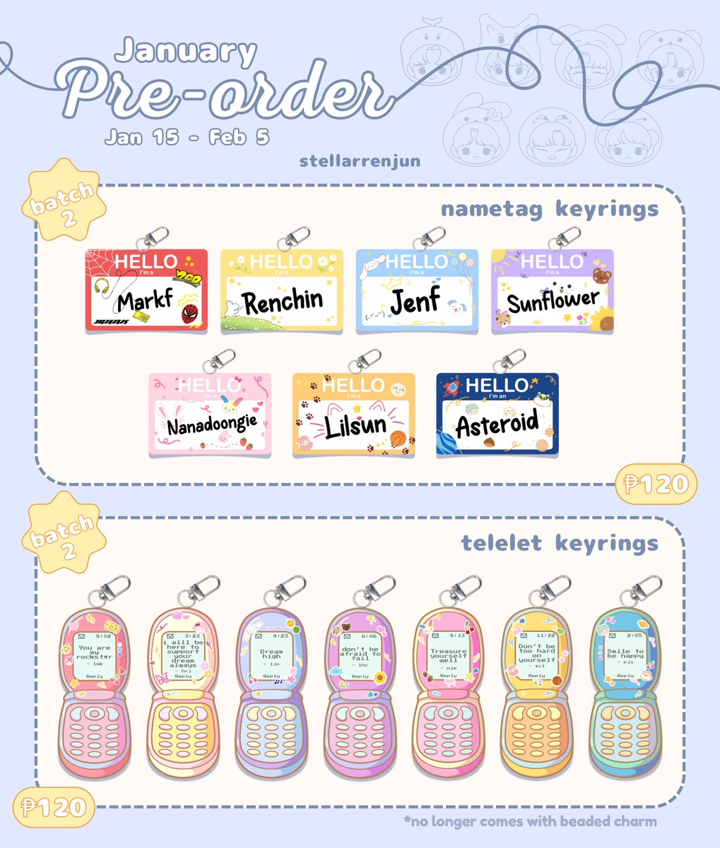 ⭐️stellarrenjun January Pre-Order ⭐️

DOO: Jan 13 - Feb 2, 2025
DOP: Feb 5, 2025
prod time: 3-4 weeks after pre-order ends

🔗form.jotform.com/250115782457458

🏷️wts lfb ph nct dream acrylic keychain keyring mark renjun jeno haechan jaemin chenle jisung