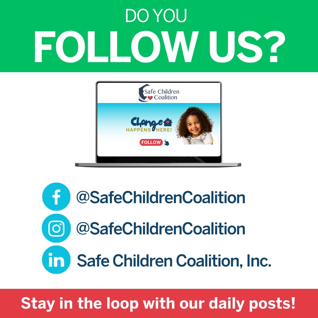 Do You Follow Us? Stay connected with SCC on all platforms for important updates and all the latest happenings in and around our organization.
Instagram: safechildrencoalition
Facebook: Safe Children Coalition
LinkedIn: Safe Children Coalition