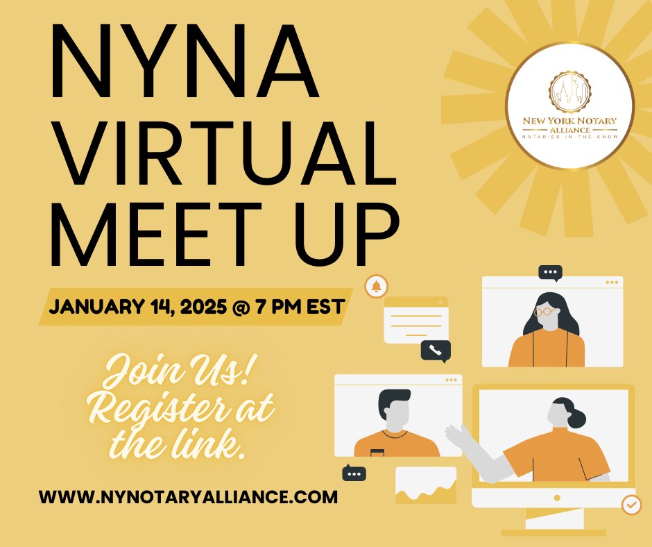 NYNotaryAlly's tweet image. NY Notaries, let’s connect! 🤝 Join us for our FREE virtual Meet-Up tomorrow at 7 PM EST. Network, share insights, and grow together! Don’t miss it, register now: us02web.zoom.us/meeting/regist…

#NotariesInTheKnow #NotaryLife #SigningAgent #NotaryPublic