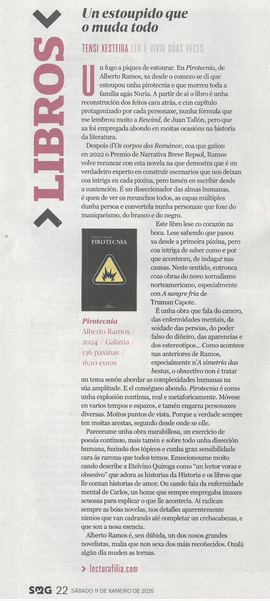 Editorial Galaxia (@edgalaxia) on Twitter photo <a href="/Lecturafilia/">Lecturafilia 📚♀️</a> : "'Pirotecnia' é como unha explosión continua, real e metaforicamente. Móvese en varios tempos e espazos, e tamén engarza personaxes diversas. Moitos puntos de vista. Porque a verdade sempre ten moitas arestas, segundo desde onde se olle" <a href="/NosDiario/">Nós Diario</a> <a href="/Lecturafilia/">Lecturafilia 📚♀️</a> : "'Pirotecnia' é como unha explosión continua, real e metaforicamente. Móvese en varios tempos e espazos, e tamén engarza personaxes diversas. Moitos puntos de vista. Porque a verdade sempre ten moitas arestas, segundo desde onde se olle" <a href="/NosDiario/">Nós Diario</a>