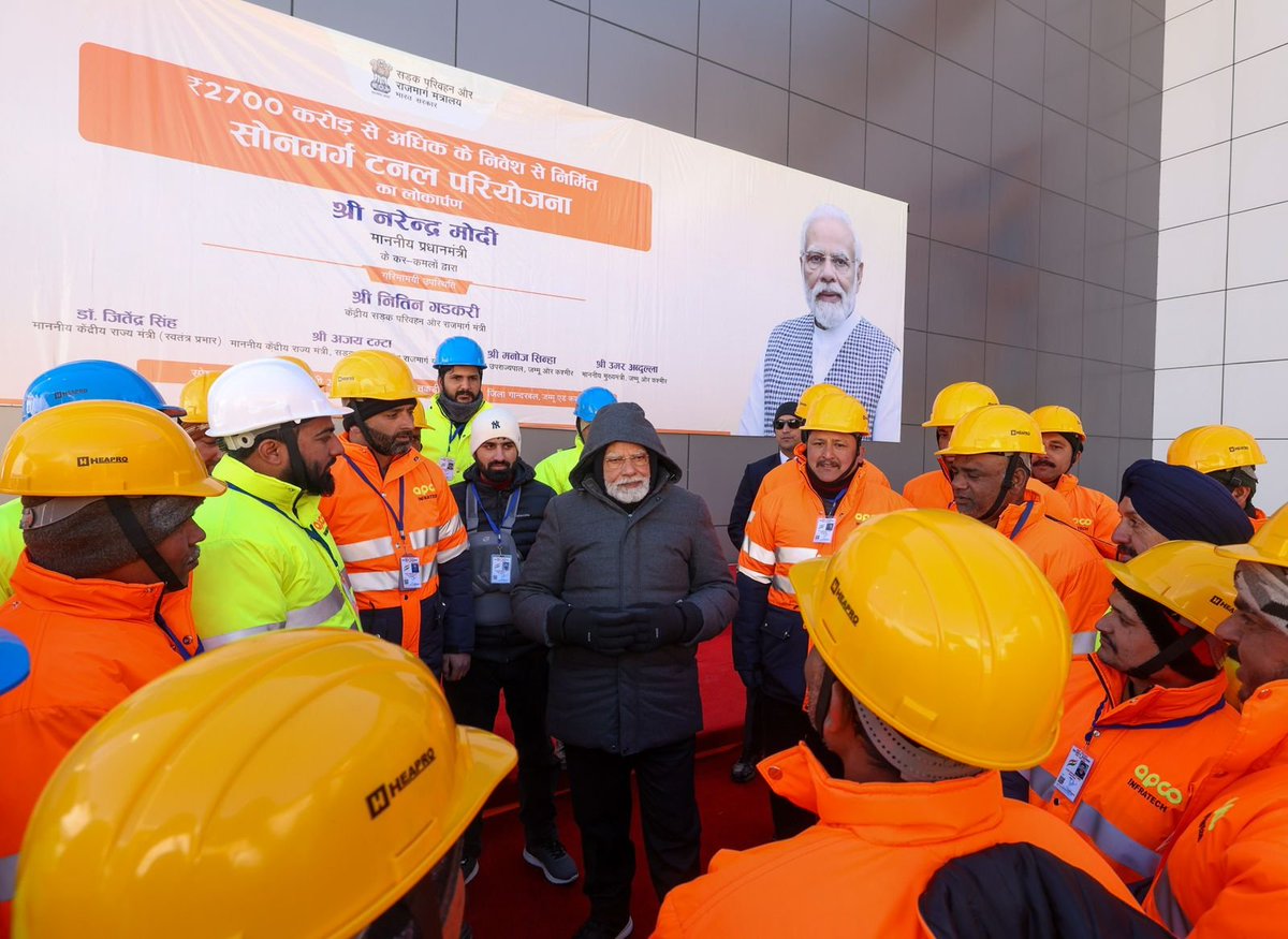 narendramodi's tweet photo. Interacted with those who worked towards building the Sonamarg Tunnel. We are all incredibly proud of their work! https://t.co/REcSqeVK6D