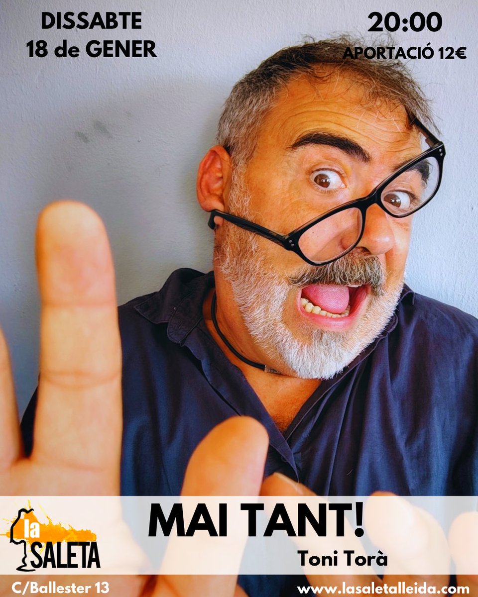 Aquest dissabte arriba "MAI TANT" a la Lleida City! A <a href="/lasaletalleida/">La Saleta</a> , un projecte maquíssim al carrer Ballester de Lleida.
Boig de Deuuuu... Reserva l'entrada que volen, només en queden 40… bueno... totes les que hi ha disponibles... Però Mai tant...!
lasaletalleida.com/event/mai-tant…