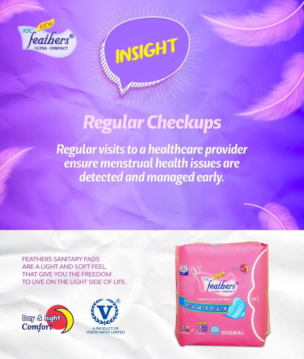 Feathers_Pads's tweet photo. Don't wait for a problem to arise—make regular checkups a priority for your menstrual health. 🌸 Early care means better outcomes.
Visit a shop or supermarket near you to buy yourself Feathers Sanitary Pads.

#LiveOnTheLightSideOfLife #WellnessWednesday https://t.co/jnR1ioRlTu