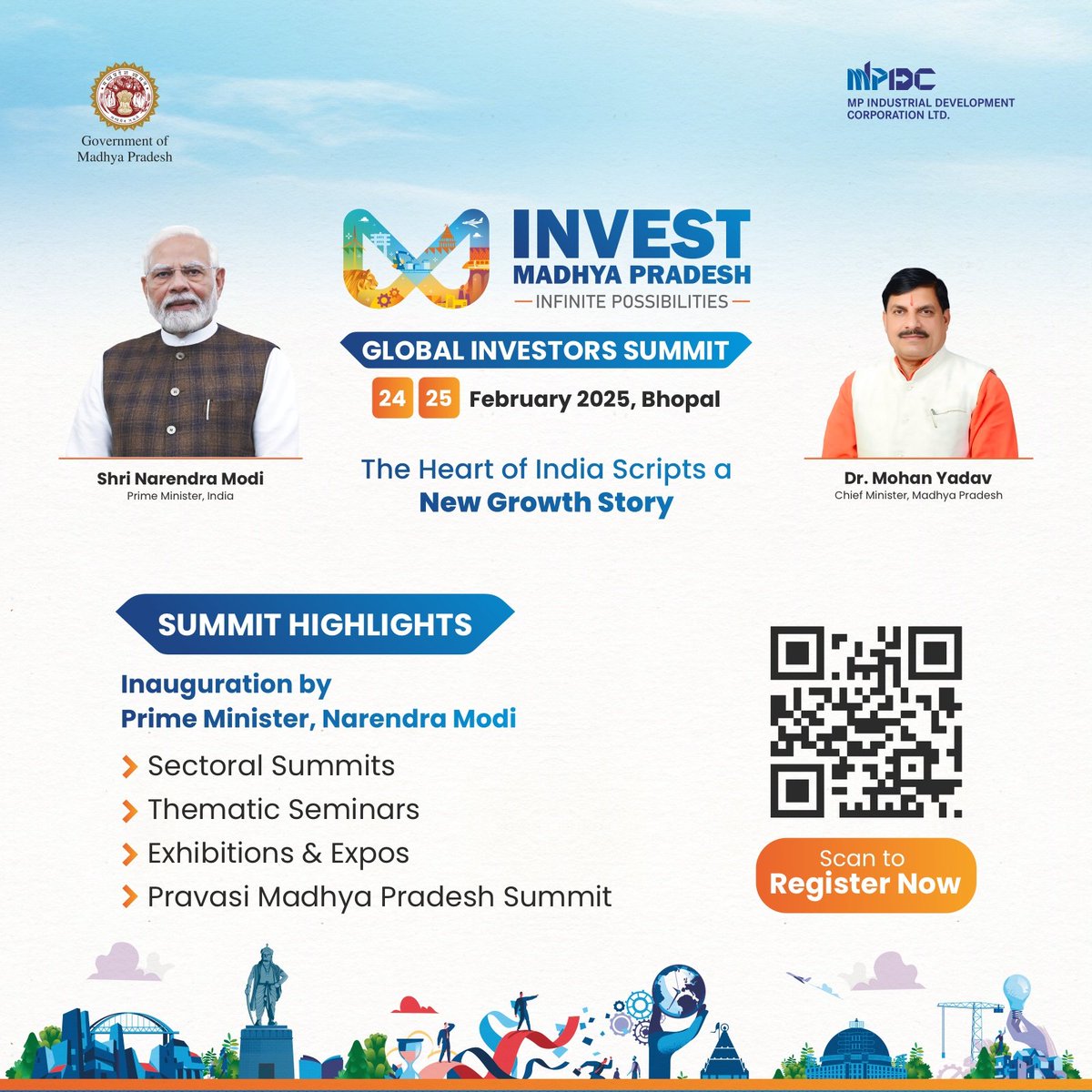 MPIDC's tweet photo. The Heart of India Beats for a Brighter Tomorrow!!

Madhya Pradesh is ready to script its new growth story at the Global Investors Summit in Bhopal on 24th-25th February 2025!!

Save the Date to be a part of this incredible initiative that places Madhya Pradesh firmly on the Global Map of Opportunities.

Join us at the ‘Invest Madhya Pradesh-Global Investors Summit’ in Bhopal on 24th & 25th February 2025, and witness a transformational journey of Innovation, Collaboration and Growth.

Register now on : https://t.co/CbXdXHcZmK

#InvestMP #InvestInMP #FutureReadyMadhyaPradesh #GISMP2025 #MPIDC  #InfinitePossibilities #Bhopal

@DrMohanYadav51 @CMMadhyaPradesh @DPIITGoI @GoI_MeitY @Industryminist1 @MPSeDC_DST @minmpmsme @JansamparkMP @investindia @FollowCII @EY_India @EODB_India_GoI