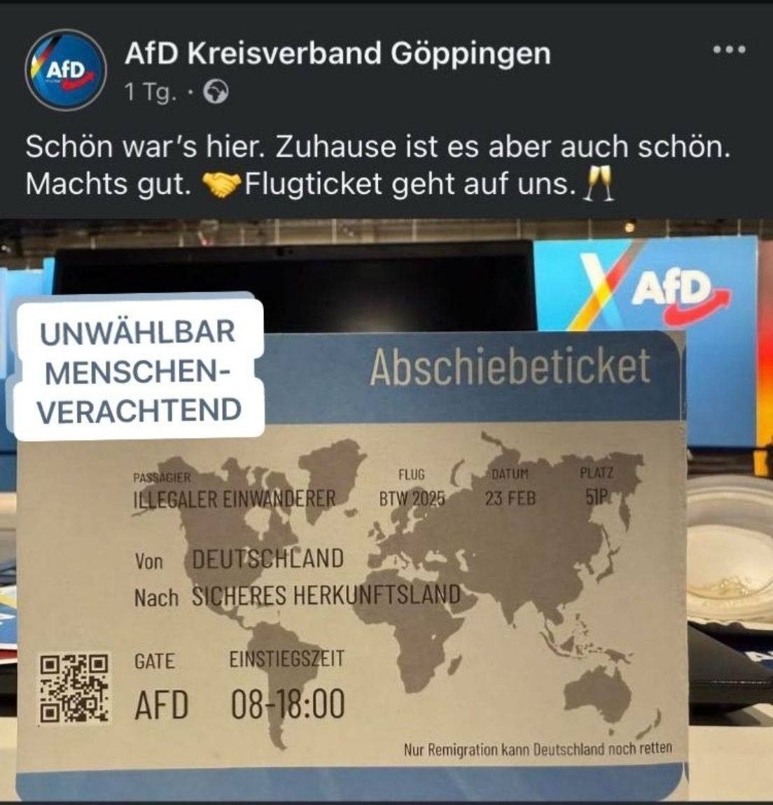 Wir wurden gerade gefragt, ob das „Abschiebeticket“ welches u. a. in #Karlsruhe gezielt in migrantische Briefkästen gelandet ist, echt ist? Nun, die #AfD macht mit diesem Ticket Werbung. Natürlich ist das echt ;) #NoAfD Die AfD ist eine zutiefst antidemokratische Partei.