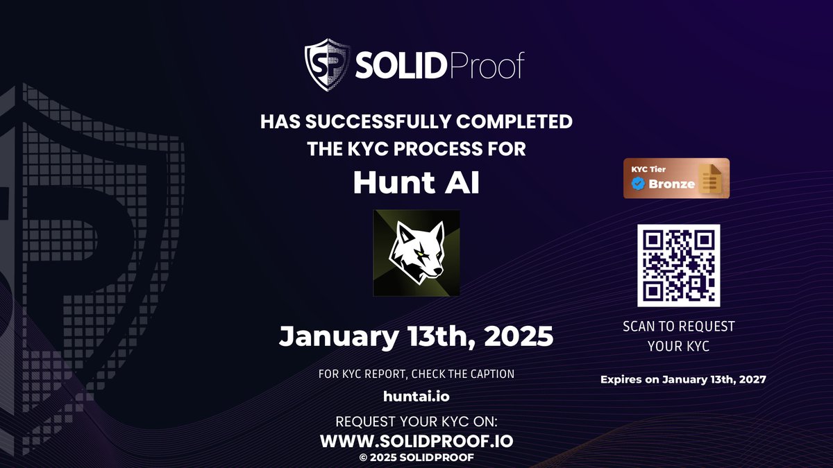 We have finished the KYC process for <a href="/HuntAIETH/">Hunt AI</a>🛡️
Well deserved KYC Bronze Tier!

Check the security score here:
app.solidproof.io/projects/hunt-…

Need a Smart contract audit, KYC or development support? Send us a message, our sales team will gladly make a customized offer for you!