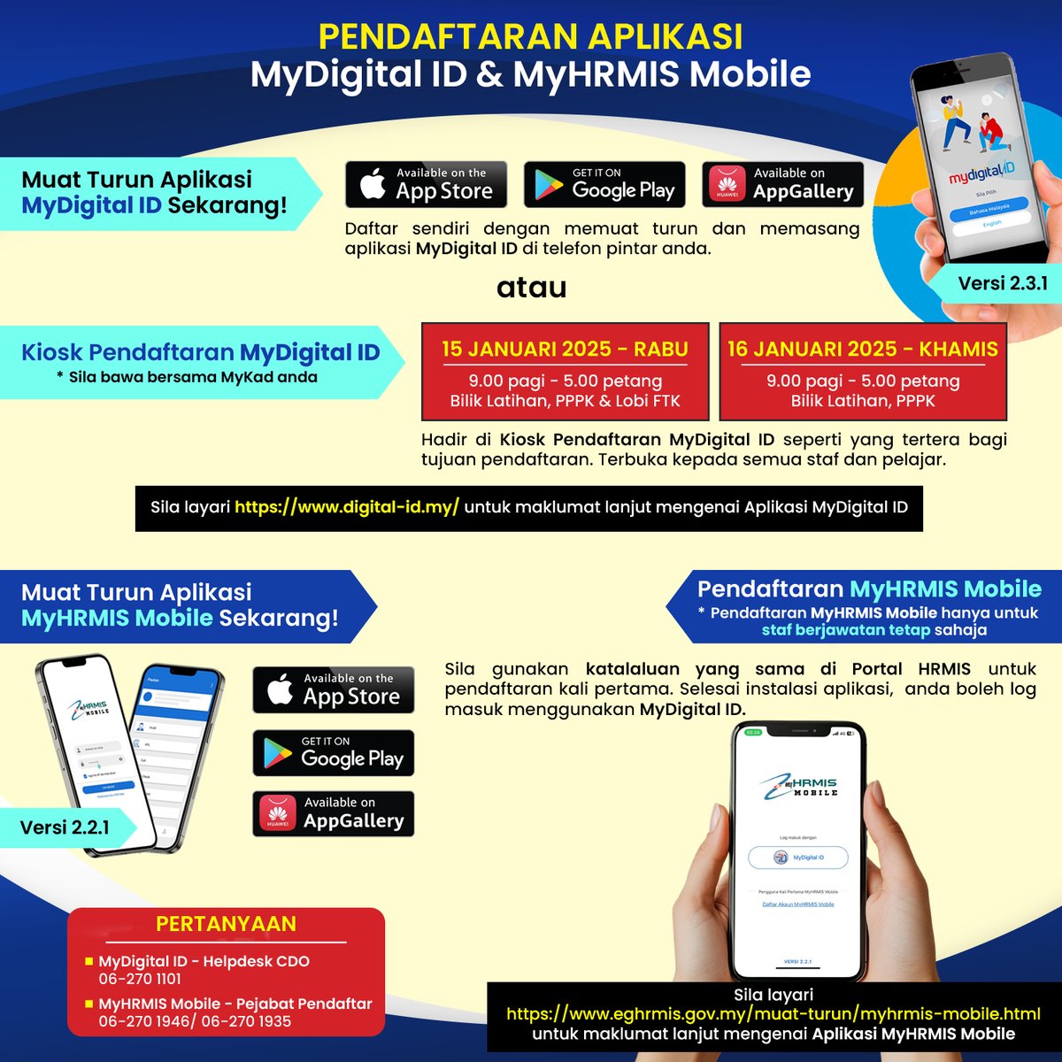 cdo_utem's tweet photo. UTeM akan melaksanakan pendaftaran MyDigital ID dan MyHRMIS Mobile dengan kerjasama MIMOS Services Sdn. Bhd. yang akan membuka kaunter perkhidmatan bantuan seperti maklumat dalam Infografik di atas. https://t.co/c79B0vEjyK