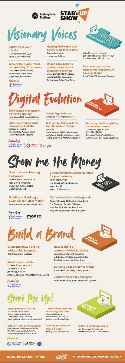 Full programme now live for StartUp Show 2025. 60+ speakers across 5 stages, advisers and small business partners. All you need to start or boost motivation to keep growing! #StartUpShow