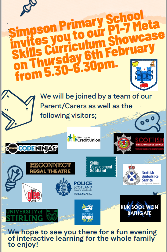 Please find attached the flyer for this years' Meta Skills Curriculum Showcase taking place on Thursday 6th February 2025 from 5.30-6.30pm. We really hope to see you there for a fun evening of interactive learning for the whole family!