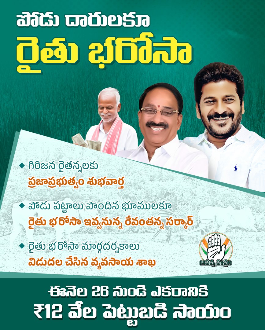 AapannaHastham's tweet photo. పోడు సాగు దారులకు శుభవార్త చెప్పిన ప్రజాప్రభుత్వం.. పోడు భూములకు సైతం రైతుభరోసా ఇవ్వనున్న రేవంతన్న సర్కార్
#RaithuBharosa
#Podulands
#prajapalana https://t.co/rzdICG2XrS