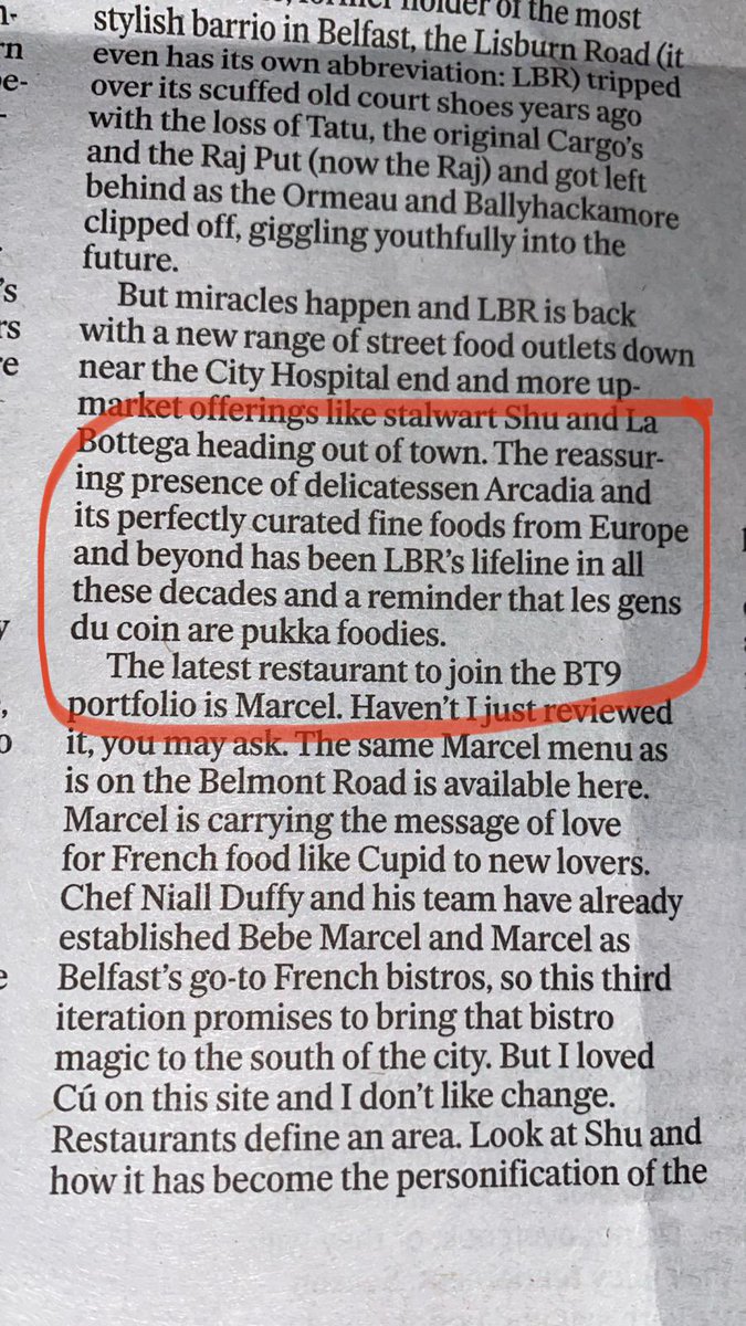 Lovely compliment from
@jorisminne in Saturday’s Belfast Telegraph in his article analysing the foodie credentials of Lisburn rd, Ballyhackamore and Ormeau road! #belfast #belfastfoodies