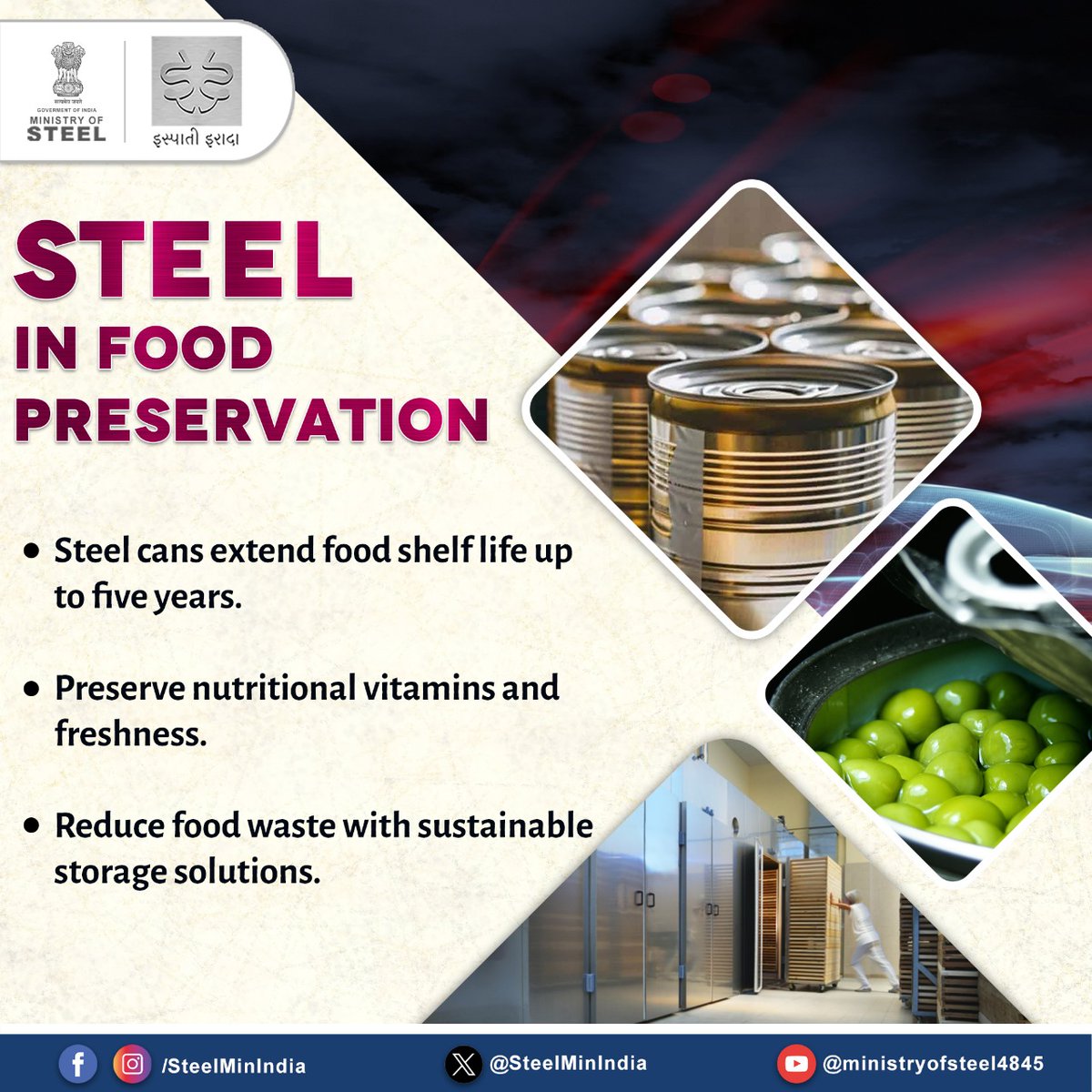 SteelMinIndia's tweet image. Freshness that lasts! 🥫🌟
Steel cans keep food nutritious and delicious for up to five years, reducing waste and ensuring sustainability—perfect for a greener future.

#SteelUnlocked #SustainableStorage #FreshnessPreserved #FoodInnovation