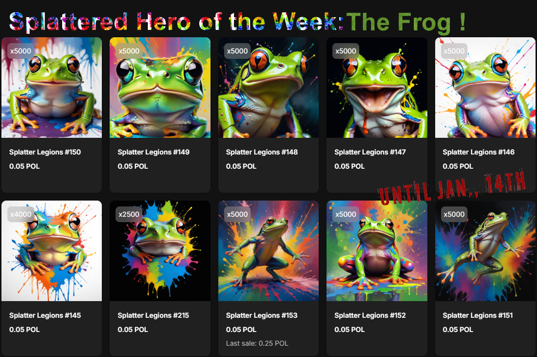 BarkCanvasNFT's tweet photo. Hello #SplatterLegions fam !
π’βοΈIt's the last day for the #SplatteredAnimal of the week, the #Frog βΌοΈ
All the standard edition NFTs at half the price, just 0.05POL
Check it out ! #NFT #NFTSales #AnimalArt #NFTArt
https://t.co/QZwzED9jpA https://t.co/fxNy4JQU5t