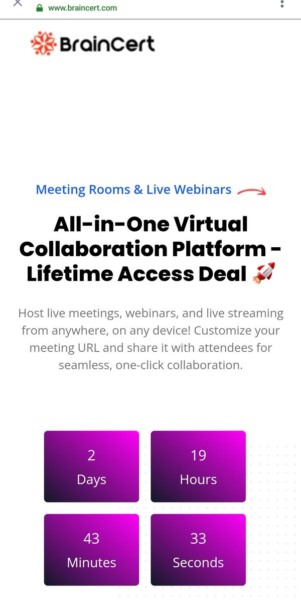SusanRSmith16's tweet photo. π¨ Attention Hunter Members! π¨
Only 2 days left to grab the lifetime deal on BrainCert Meeting Room
Donβt miss outβcheck it out now!
#LifetimeDeal #BrainCert #MeetingRoom #RemoteWork #OnlineCollaboration #SaaSDeals #TechDeals #VideoConferencing #EntrepreneurLife #Productivity https://t.co/jgmfv0sPQt