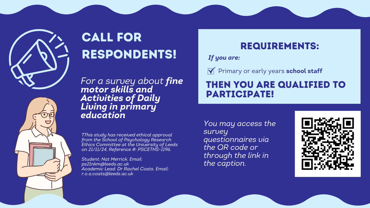 Centre for Applied Education Research (@caerbradford) on Twitter photo 📢 Calling all primary & early years school staff! 🏫
<a href="/Nat_Merrick/">Nat Merrick</a> needs your input on a survey about fine motor skills & Activities of Daily Living in primary education.
📋 Participate now via the QR code or the link below!
leedspsychology.eu.qualtrics.com/jfe/form/SV_6G… 📢 Calling all primary & early years school staff! 🏫
<a href="/Nat_Merrick/">Nat Merrick</a> needs your input on a survey about fine motor skills & Activities of Daily Living in primary education.
📋 Participate now via the QR code or the link below!
leedspsychology.eu.qualtrics.com/jfe/form/SV_6G…