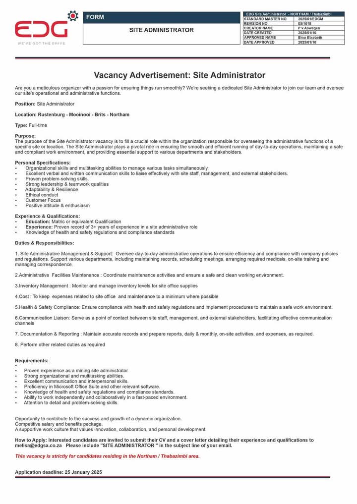 EDG is hiring!

📌Qualified Auto Electrician
📌Semi Skilled Technician
📌Site Administrator

Email your CV to melisa@edgsa.co.za