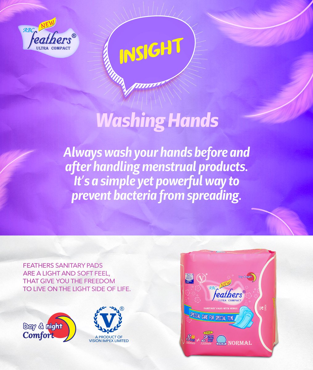 Feathers_Pads's tweet photo. Small actions lead to big results. 🧼 Always wash your hands before and after handling menstrual products to keep things clean and safe. Stay healthy, stay confident!
Visit a shop or supermarket near you to buy yourself Feathers Sanitary Pads.

#LiveOnTheLightSideOfLife https://t.co/uBcZE2w5GD