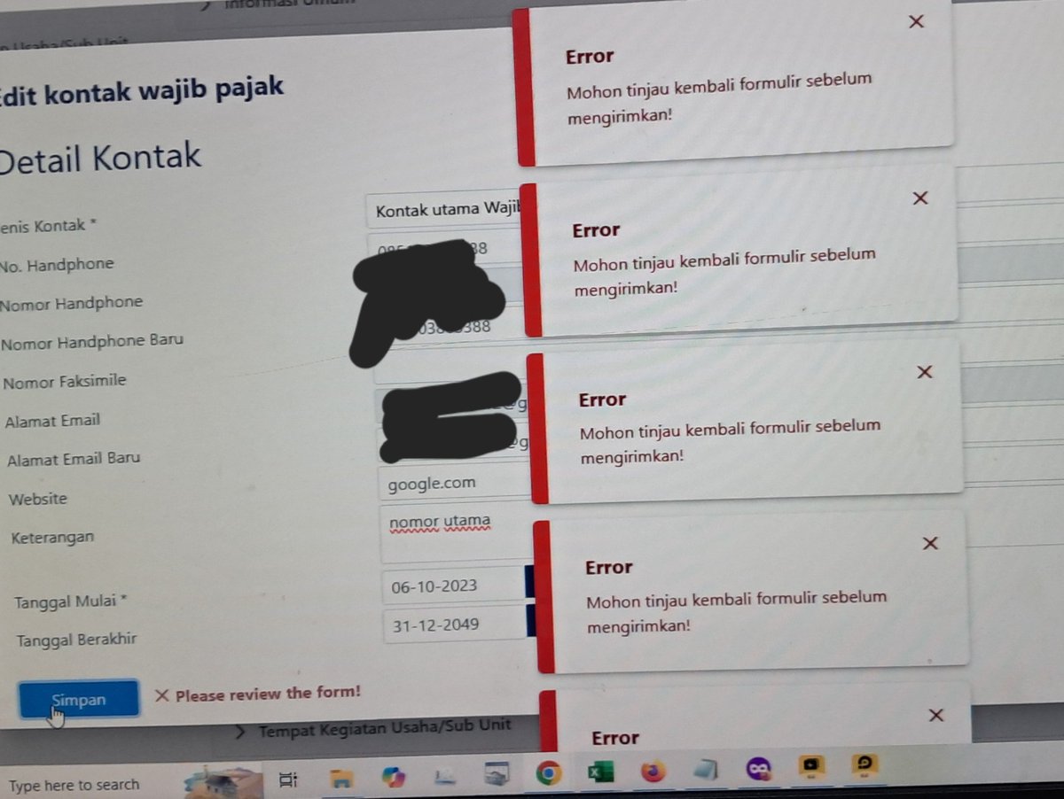 cyn_chyn's tweet photo. @kring_pajak Ini saya sudah masuk ke coretax, trus ubah data EMAIL dan no telpon di Detail Kontak > Edit. Sudah verifikasi nomor telpon dan EMAIL baru. Waktu mau disimpan, muncul notif seperti ini https://t.co/Qs3mvYwdPG