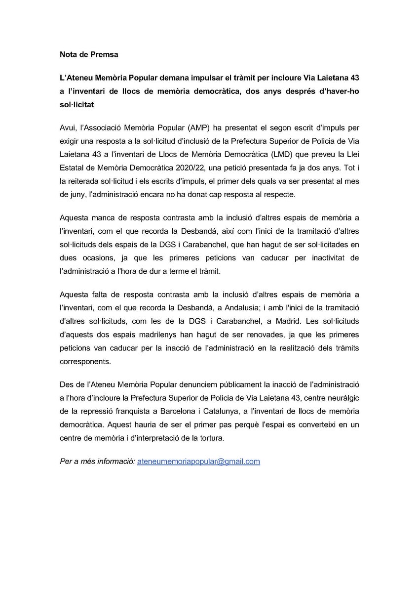 Ateneu_Memoria's tweet photo. 1/3 ✍️ divendres @Ateneu_Memoriahem va presentar el segon escrit d'impuls per exigir resposta a la sol·licitud d'inclusió de #ViaLaietena43 a l'inventari de llocs de memòria, una petició feta fa ja dos anys. No hem rebut cap resposta de l'administració. https://t.co/XhBO16tRth