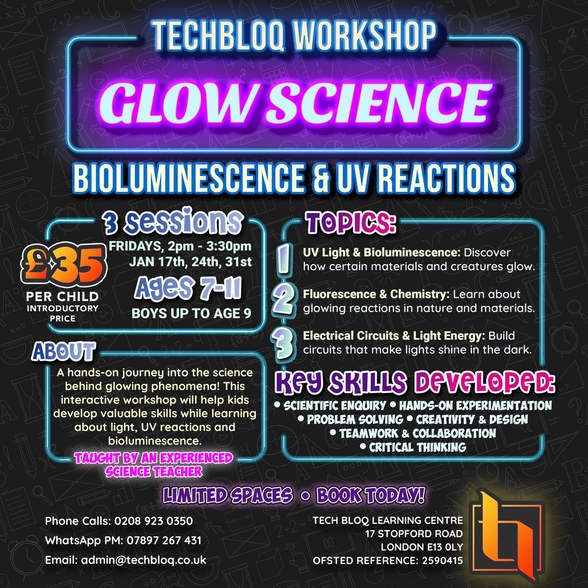 Tech_Bloq_'s tweet photo. 🔬 Glow Science Workshop!
Hands-on fun for curious kids (7-11). Explore UV reactions, bioluminescence, &amp; glow circuits!
Spaces are limited — book now! DM to sign up!
#GlowScience #STEMFun #FutureScientists https://t.co/1Mxh2IBCLQ