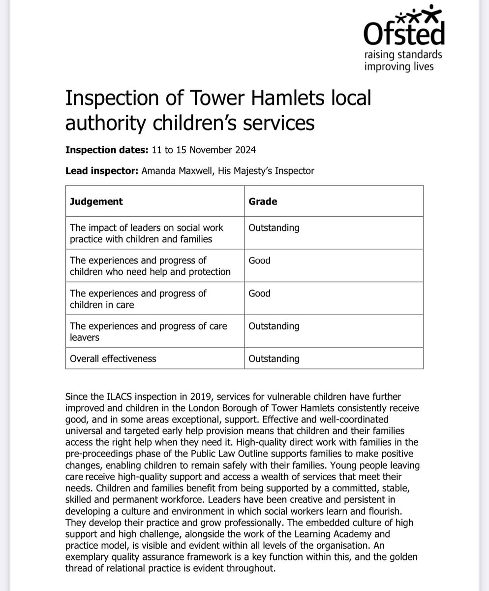 Maium Miah Talukdar (@maiummiah) on Twitter photo Thrilled to share <a href="/TowerHamletsNow/">Tower Hamlets Council</a> children’s services have been Graded Outstanding by Ofsted! A testament to our staff, young people, and <a href="/LutfurRahmanTH/">Lutfur Rahman</a>’s historic investments. Thank you to all our partners! #OfstedOutstanding
👉 files.ofsted.gov.uk/v1/file/502660… Thrilled to share <a href="/TowerHamletsNow/">Tower Hamlets Council</a> children’s services have been Graded Outstanding by Ofsted! A testament to our staff, young people, and <a href="/LutfurRahmanTH/">Lutfur Rahman</a>’s historic investments. Thank you to all our partners! #OfstedOutstanding
👉 files.ofsted.gov.uk/v1/file/502660…