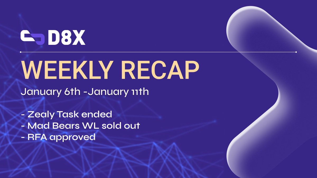 d8x_exchange's tweet photo. So much has happened in the last seven days.

Bitcoin up and down trends, alt coins making strides, and meme coins pumps here and there.

However, one thing that has not changed is you grinding every day like its your last.

Your efforts will pay off eventually, so don’t stop.

In the meantime, here's a recap of the updates you probably missed on D8X last week:

1/ Zealy Task Ended

Our zealy tasks are a way of knowing the active ones in the community, and as usual, we had a tremendous flow of participants. The winners have been announced on our Discord channel, so do well to follow up. https://t.co/GJTWc9V1O8

2/ Mad Bears WL sold out

@Madhoneyfi in partnership with @kingdomlyapp, successfully sold out 3300 WLs last week, and a good majority of our community members benefited from the free mint.

The @berachain movement is a super hyper one, so if you’re a holder, get ready to benefit massively soon. https://t.co/2OieyQXLjZ

3/ RFA approved

Next step: chaos! https://t.co/hMzQxA9Rjx RFA approved, builders in the @berachain ecosystem can be scaled up and supported. This clearly says D8X is in good company.
Don’t fade us anymore!
Don’t skip updates either.

Cos Dexy has more from where all of these came from. Stay tuned.

Stay locked in!

Stay HyTraded!

GM!

Like. Share. Retweet