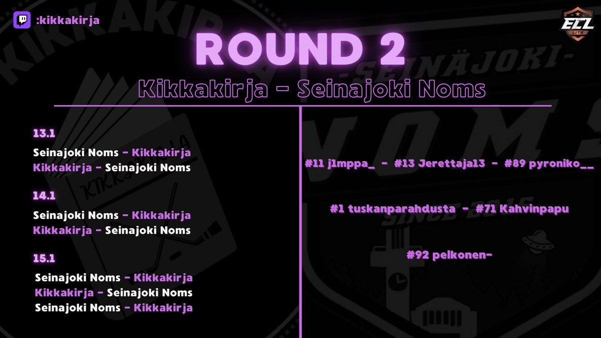 Kikkakirja (@kikkakirja) on Twitter photo It's showtime!
Playoffien toisella kierroksella vastustajaksi asettuu <a href="/SeinajokiNoms/">Seinäjoki Noms</a> ,Kikkakirja onkin valmiiksi vihun pään sisällä voitettuaan pre season turnauksessa heidät puolivälierissä.
Tänään 21.00 sarjan kaksi ensimmäistä ottelua: twitch.tv/kikkakirja
#ECL25Winter It's showtime!
Playoffien toisella kierroksella vastustajaksi asettuu <a href="/SeinajokiNoms/">Seinäjoki Noms</a> ,Kikkakirja onkin valmiiksi vihun pään sisällä voitettuaan pre season turnauksessa heidät puolivälierissä.
Tänään 21.00 sarjan kaksi ensimmäistä ottelua: twitch.tv/kikkakirja
#ECL25Winter