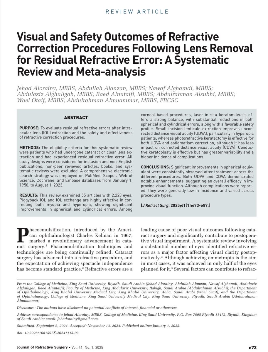 Raedalnutaifi10's tweet photo. Thrilled to share our Q1 publication:

“Visual and Safety Outcomes of Refractive Correction Procedures Following Lens Removal for Residual Refractive Error: A Systematic Review and Meta-analysis.”

Grateful to the amazing team who made this possible! ✨

https://t.co/Xymn9ztnsm https://t.co/YEojGdht4O