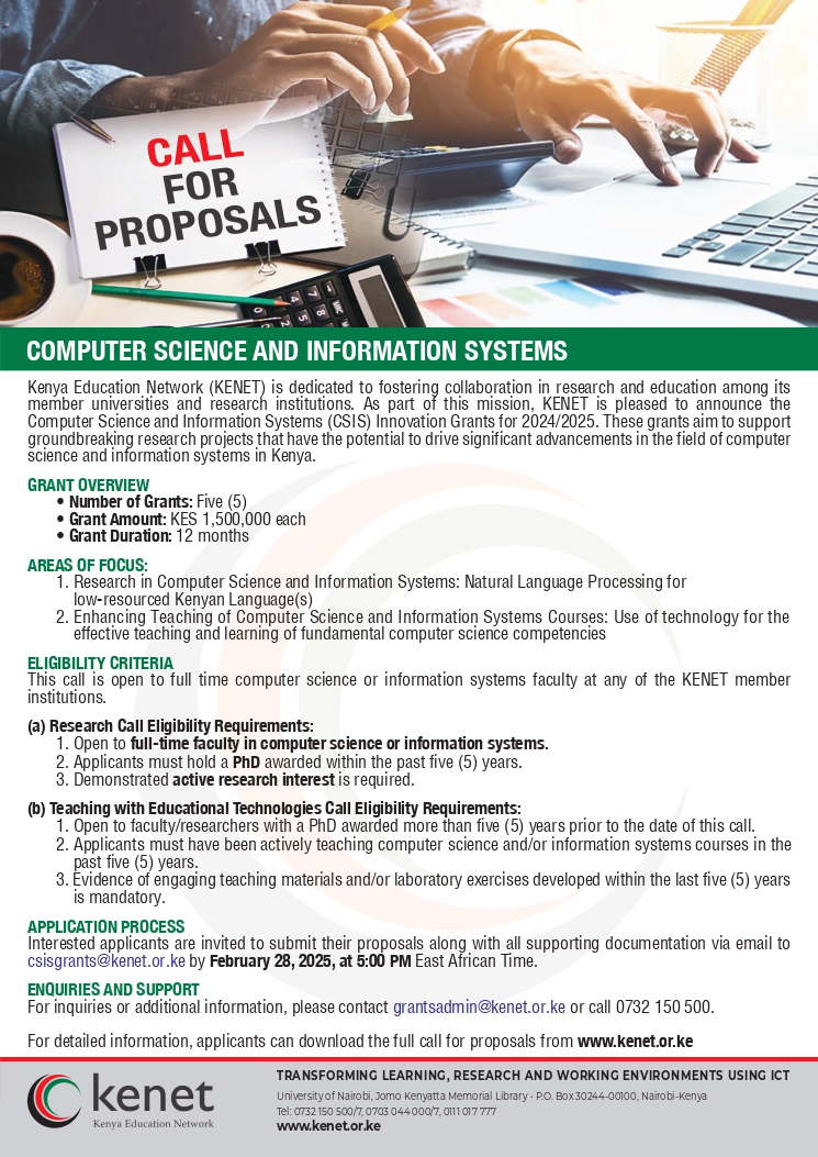 Announcement! Call for Proposals in the field of Computer Science! Passionate about innovative solutions in areas like software development, artificial intelligence, or cybersecurity, we want to hear from you!
📅 Deadline: February 28, 2025 
🔗 Learn more: kenet.or.ke