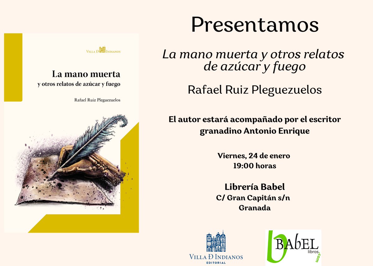 ¡Gente de Granada! El viernes 24 de enero presentamos «La mano muerta y otros relatos de azúcar y fuego», de <a href="/rpleguezuelos/">R. Ruiz Pleguezuelos</a>, en la Librería Babel. El autor granadino Antonio Enrique será el maestro de ceremonias.
¡Os esperamos!