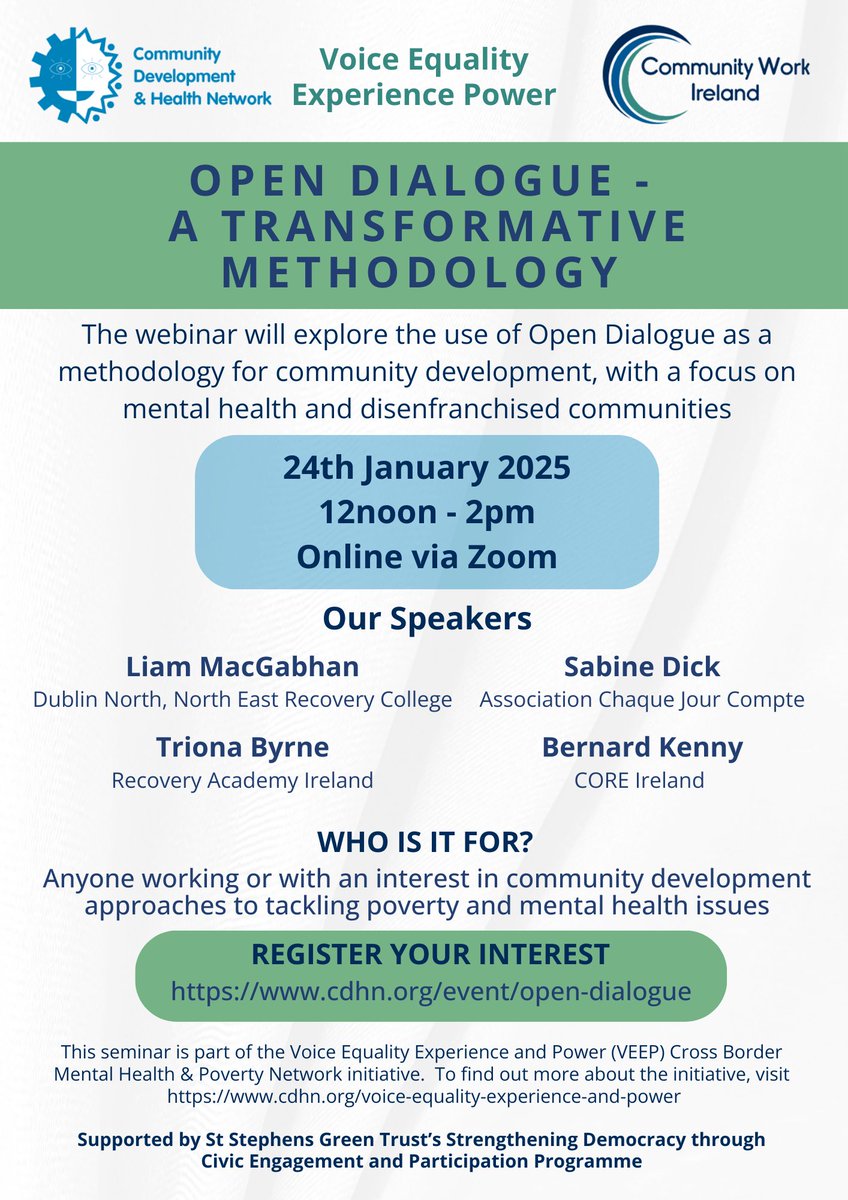 CDHN (@cdhn_ni) on Twitter photo Join us for this online seminar on good community practice to tackle mental health, poverty & health inequalities where we will explore the use of Open Dialogue as a methodology .
📅 Date: 24th January 2025
⏲️ Time: 12noon – 2pm Join us for this online seminar on good community practice to tackle mental health, poverty & health inequalities where we will explore the use of Open Dialogue as a methodology .
📅 Date: 24th January 2025
⏲️ Time: 12noon – 2pm