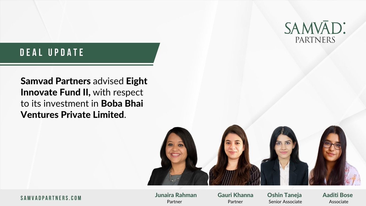 PartnersSamvad's tweet photo. Samvad Partners advised 8i Ventures, in their investment in the Series A fund raise of Boba Bhai Ventures Private Limited. Boba Bhai raised approximately INR 30 crores in the funding round, led by 8i Ventures.

https://t.co/283ovVRSWK https://t.co/6anddkDY1w