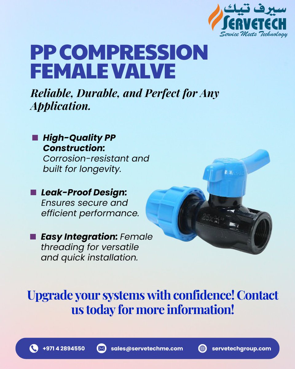 Servetech_'s tweet image. 💧 Reliable Flow Control, Built to Last! 💧
Upgrade to our PP Compression Female Valve for:
✔️ Corrosion-resistant, durable PP build
✔️ Leak-proof, secure performance
✔️ Easy, versatile installation
Perfect for plumbing, irrigation & industrial use! 🌟
#FlowControl