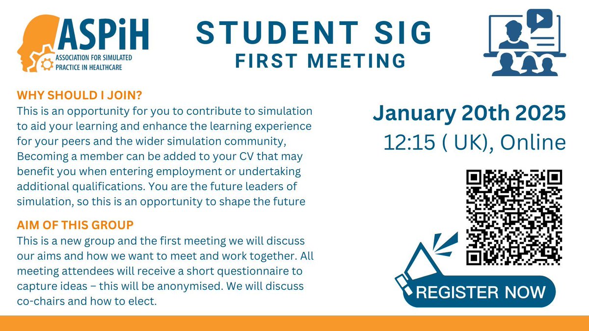 Final reminder for next week’s inaugural meeting of the #ASPiH Student Special Interest Group

All welcome!

January 20th 2025
12:15 (UK) 
Online

Register in advance at:  buff.ly/41zGW25

Find out more about the Student SIG at:  buff.ly/3LedWUi