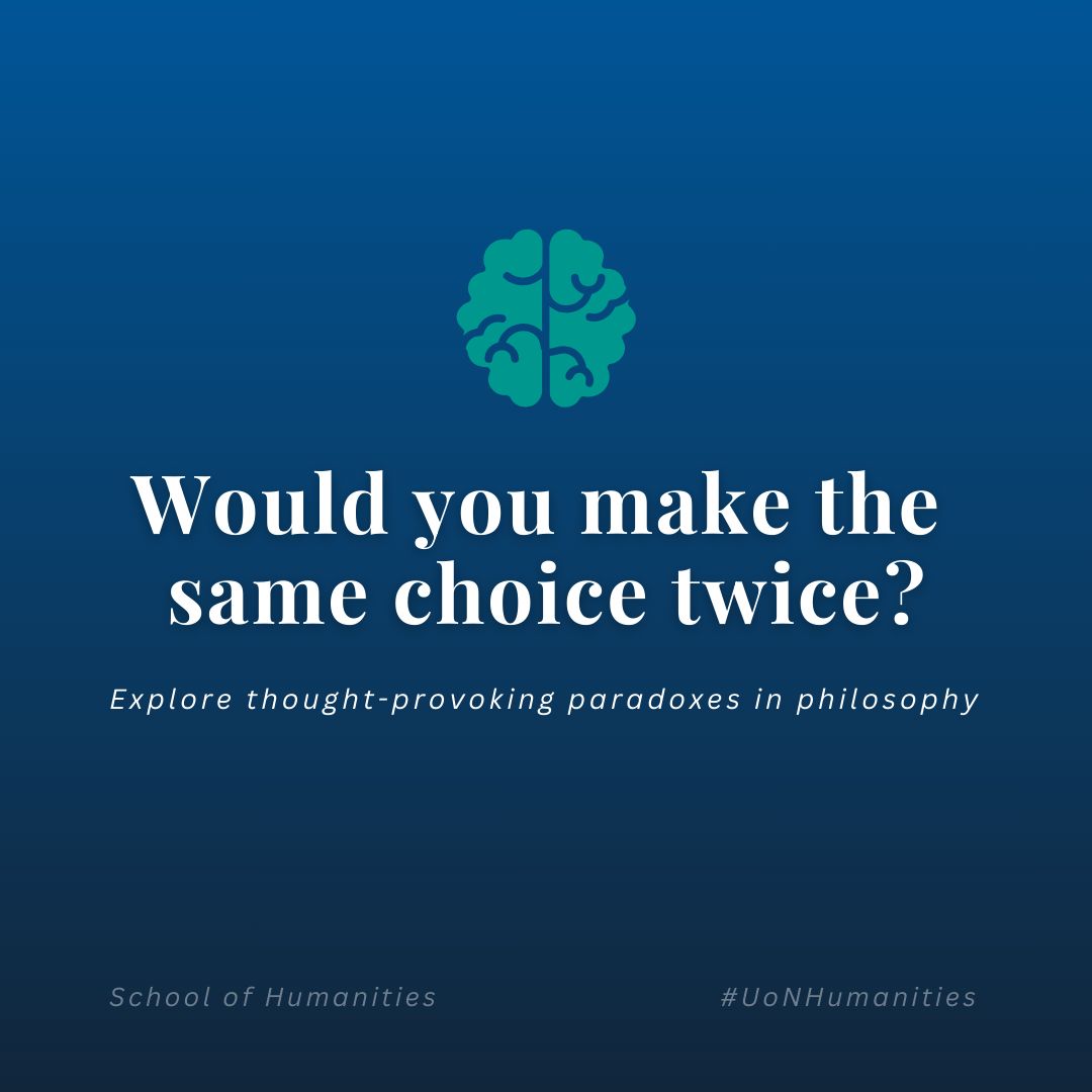 UoNHumanities's tweet image. 🧠 Would you make the same choice twice?

Explore philosophical paradoxes like this in our Philosophy programmes. From ethics to metaphysics, discover how philosophy shapes our understanding of the world.

#UoNPhilosophy #PhilosophyMatters #ThinkDeep