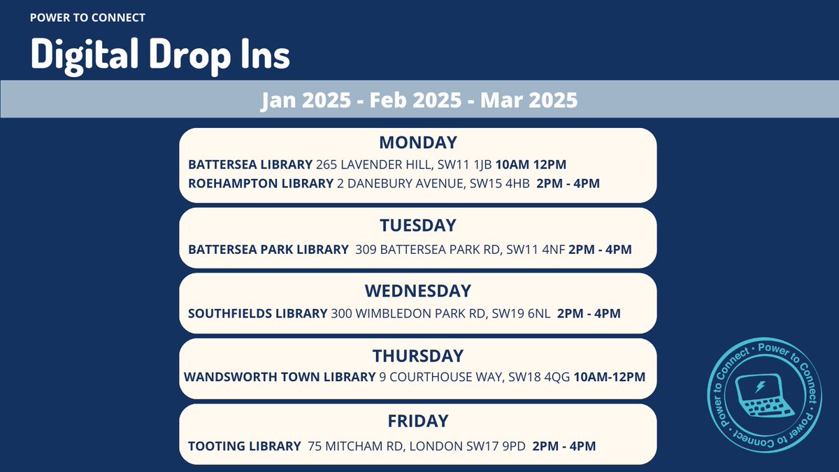 Digital Drop-ins start this week, every weekday across #Wandsworth 💻Get support with online cost of living info, accessing services, online safety, getting started &amp; more. Drop by and get help from our #Volunteer Digital Champions! 

Plus, free data sims available to collect 🛜