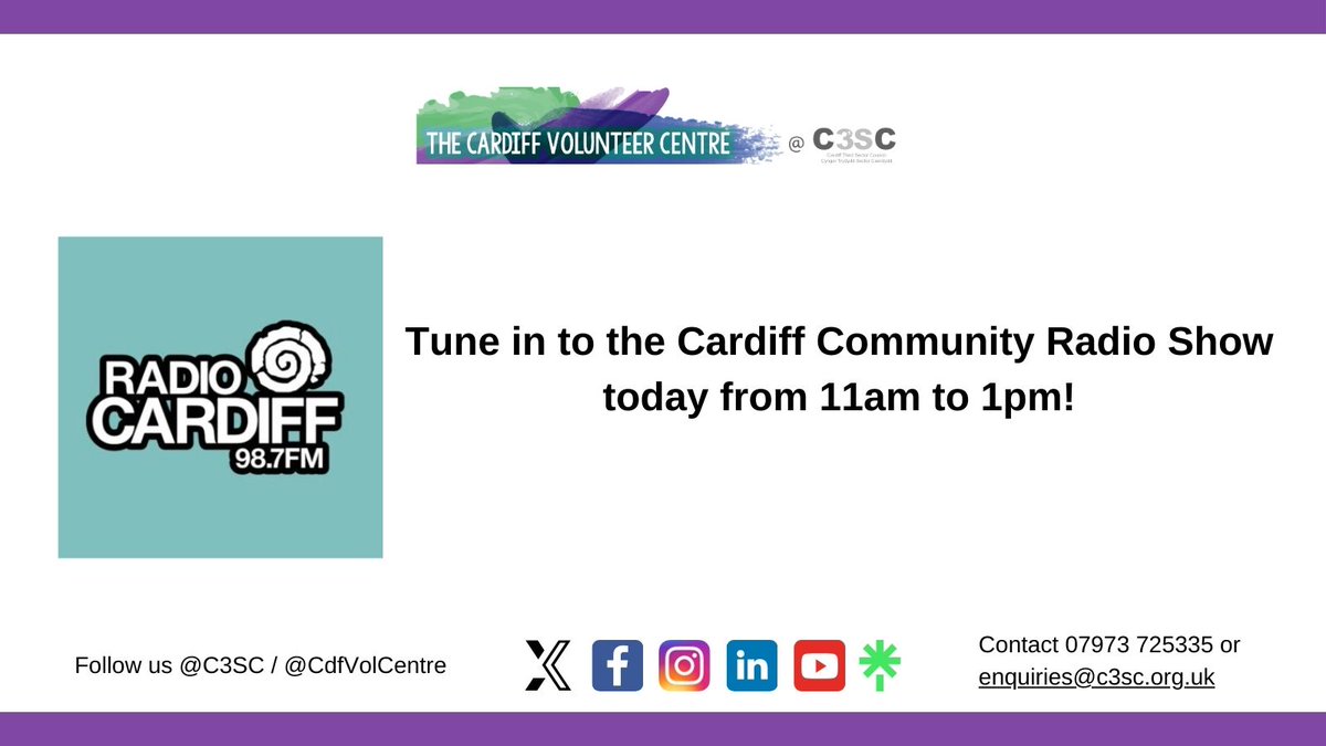 Cardiff Volunteer Centre @C3SC (@cdfvolcentre) on Twitter photo Good morning from the Volunteer Centre team <a href="/C3SC/">Cardiff Third Sector Council (C3SC)</a>. A #reminder that the #CardiffCommunity Radio Show <a href="/RadioCardiff/">Radio Cardiff</a> will be live from 11am to 1pm today. Listen in for the latest news from the voluntary and community sector - and share your news with us too 📧 enquiries@c3sc.org.uk Good morning from the Volunteer Centre team <a href="/C3SC/">Cardiff Third Sector Council (C3SC)</a>. A #reminder that the #CardiffCommunity Radio Show <a href="/RadioCardiff/">Radio Cardiff</a> will be live from 11am to 1pm today. Listen in for the latest news from the voluntary and community sector - and share your news with us too 📧 enquiries@c3sc.org.uk