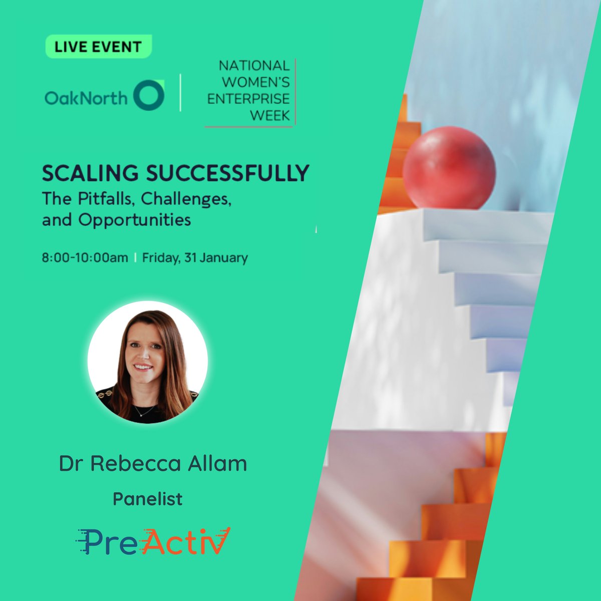 Exciting News! Our co-founder, Dr Rebecca Allam, has been selected as a panelist for the upcoming event by <a href="/miyrbiz/">MakeItYourBusiness</a> and <a href="/oaknorth/">OakNorth</a> : Scaling Successfully: The Pitfalls, Challenges, and Opportunities. 

Register here: lnkd.in/eP-QUFab 

#ScalingSuccess #Leadership #Preactiv