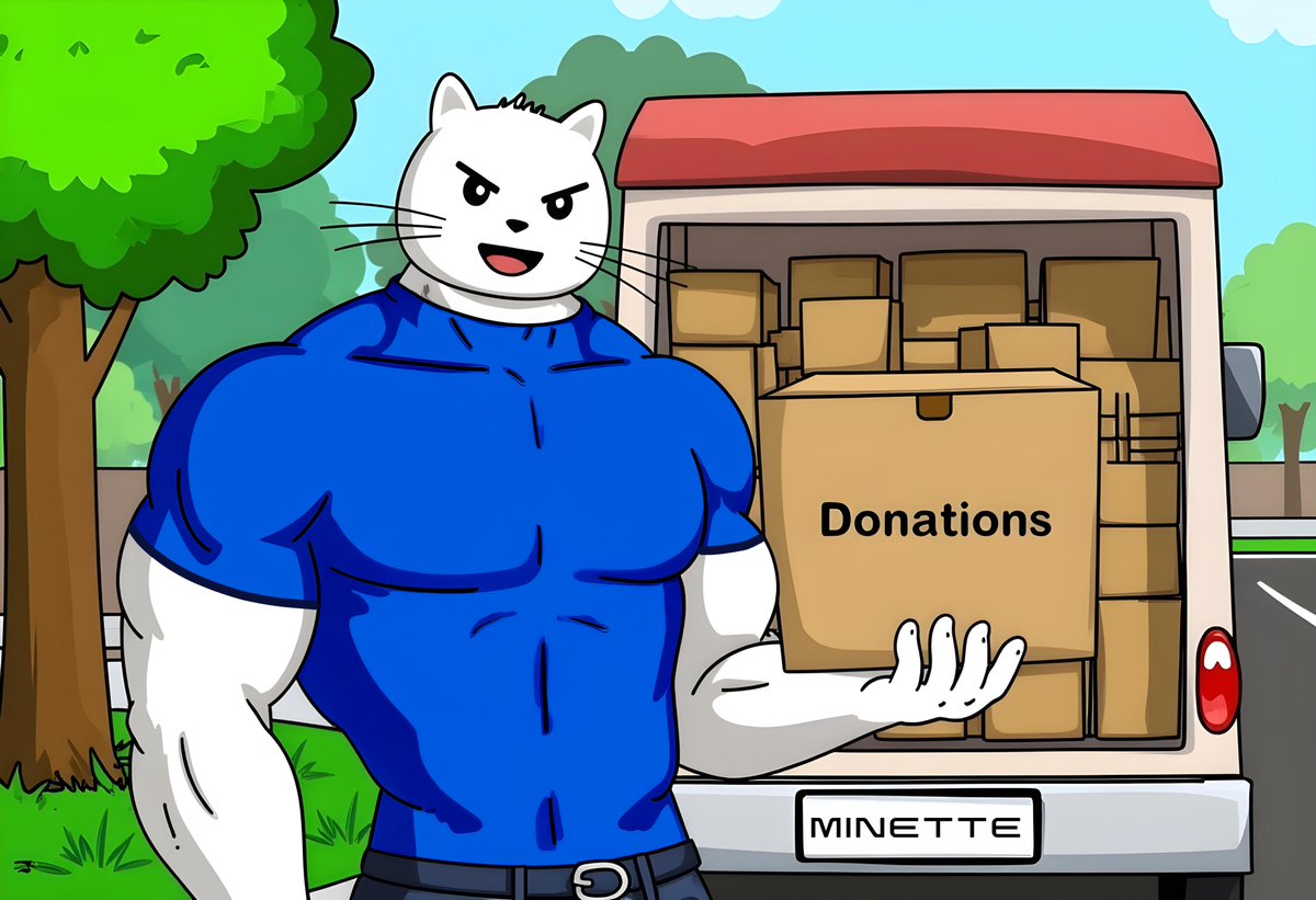 Minette_thecat's tweet image. HODLing kindness and distributing hope—#Minette’s giving back, one box at a time! 🐾📦💙 #CryptoWithACause