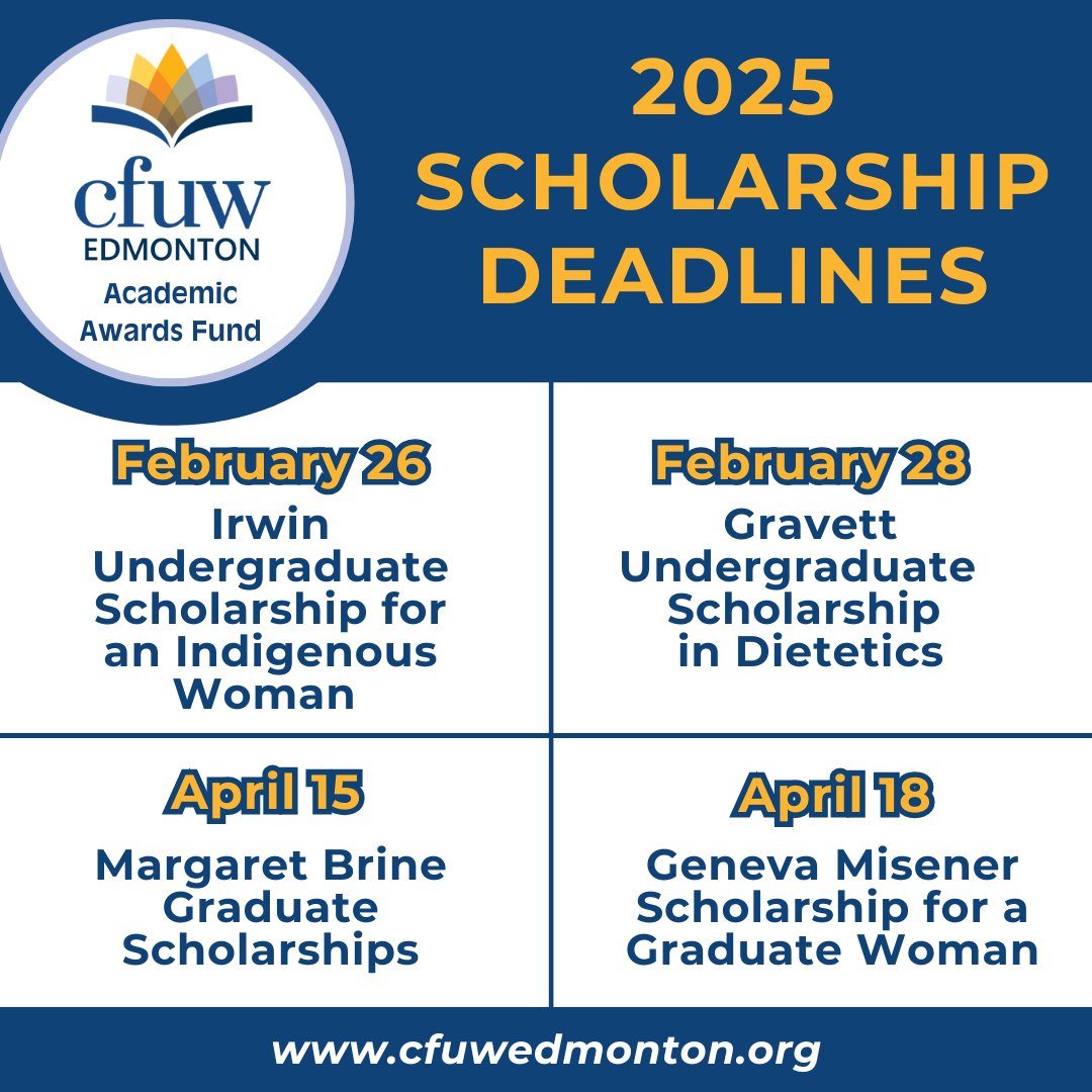 <a href="/cfuwedmonton/">CFUW Edmonton</a> #scholarships open for applications! 
for #undergraduate &amp; #graduate #women #students at #University of #Alberta
details: cfuwedmonton.org/academic-award…
#scholarship #fellowship #cfuw #UAlberta #student #education #yeg #edmonton #indigenous