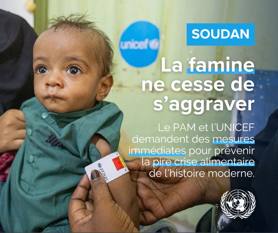 D’après les derniers rapports du <a href="/WFP_FR/">PAM (WFP in French)</a>  et de l’<a href="/UNICEF/">UNICEF</a>, plus de 24,6 millions de personnes, soit plus de la moitié de la population soudanaise, sont en situation d’insécurité alimentaire aiguë.

La famine est confirmée au #Darfour.

▶️ unicef.ch/fr/actualites/…