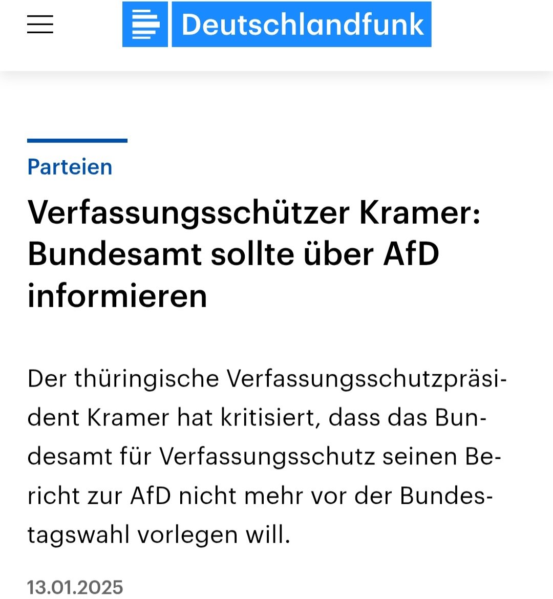 "Die Behörde arbeitet an einem Bericht darüber, ob die AfD bundesweit von einem Verdachtsfall hochgestuft und zu einer gesichert rechtsextremistischen Partei erklärt wird. Kramer sagte, beim AfD-Bundesparteitag am Wochenende im sächsischen Riesa habe die Partei jede Scheu