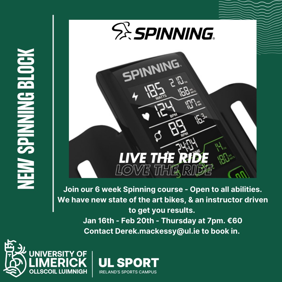 ULimsport's tweet photo. We have a NEW Spinning block starting on Thursday for six weeks  - There are three places left so get in fast as places are limited. Suitable for all abilities. Brand new bikes, led by an instructor committed to your goals. Email Derek.mackessy@ul.ie to book in. #ActiveAtULSport https://t.co/nWdCIn7szZ